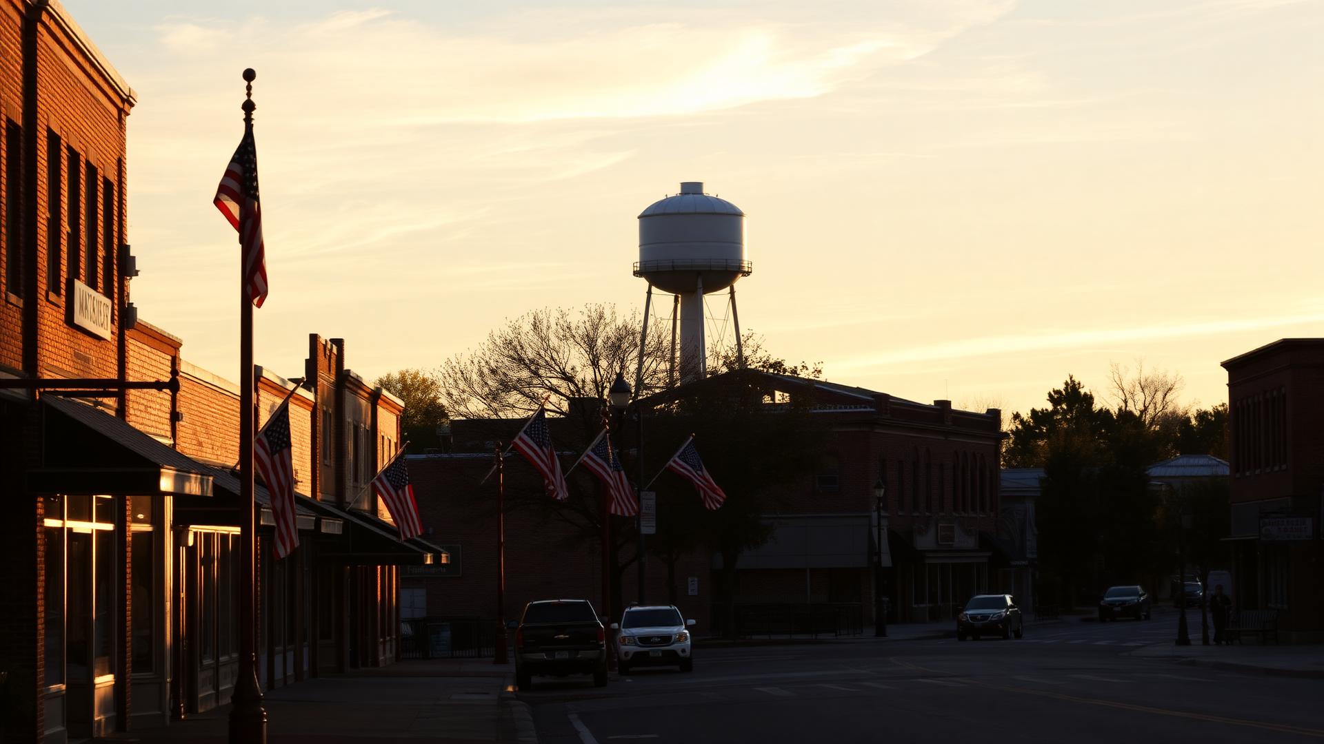 Downtown Salem, Illinois at golden hour with flags along Main Street